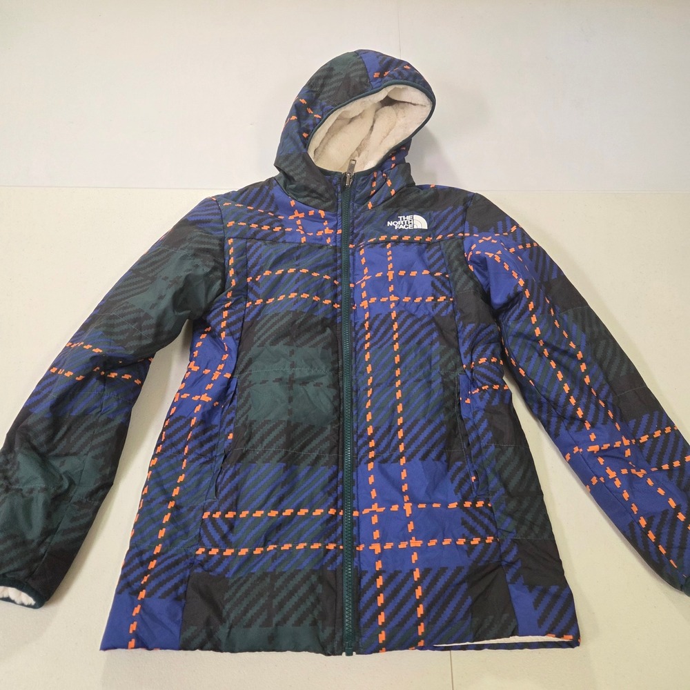 The North Face Plaid Faux Fur Lined Hooded Puffer Jacket Blue Green Orange M